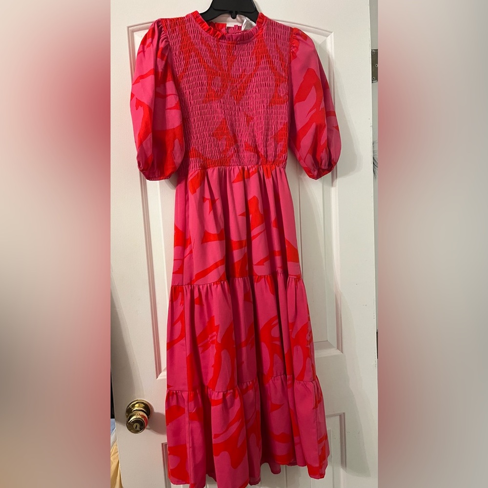 Sugar Lips Vibrant Pink and Red Puff Sleeve Dress